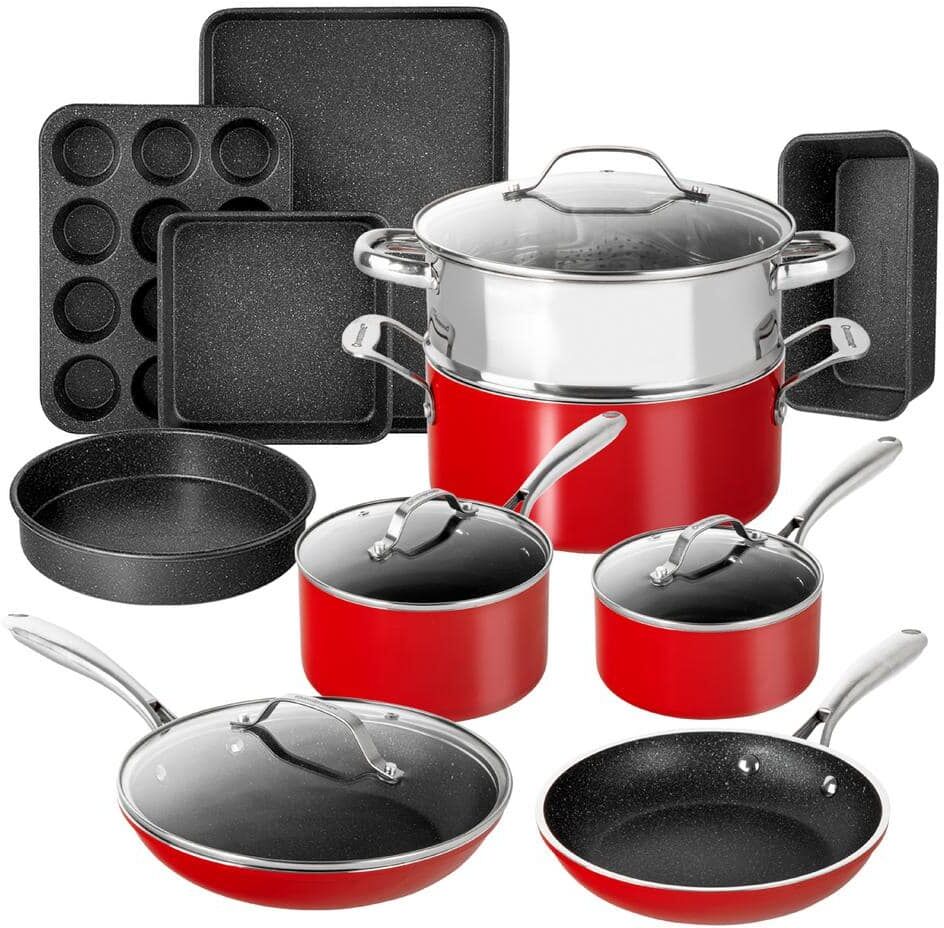 GRANITESTONE 15-Piece Aluminum Ultra-Durable Non-Stick Diamond Infused Cookware and Bakeware Set in Red