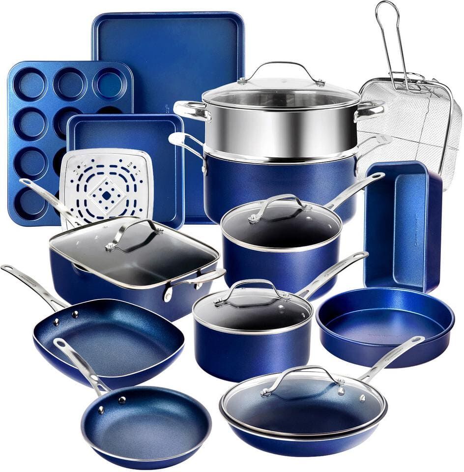 GRANITESTONE Classic Blue 20-Piece Aluminum Ultra-Durable Non-Stick Diamond Infused Cookware and Bakeware Set