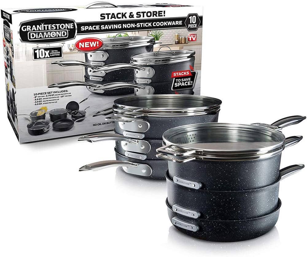 GRANITESTONE StackMaster 10-Piece Aluminum Non-Stick Diamond Infused Cookware Set with Glass Lids