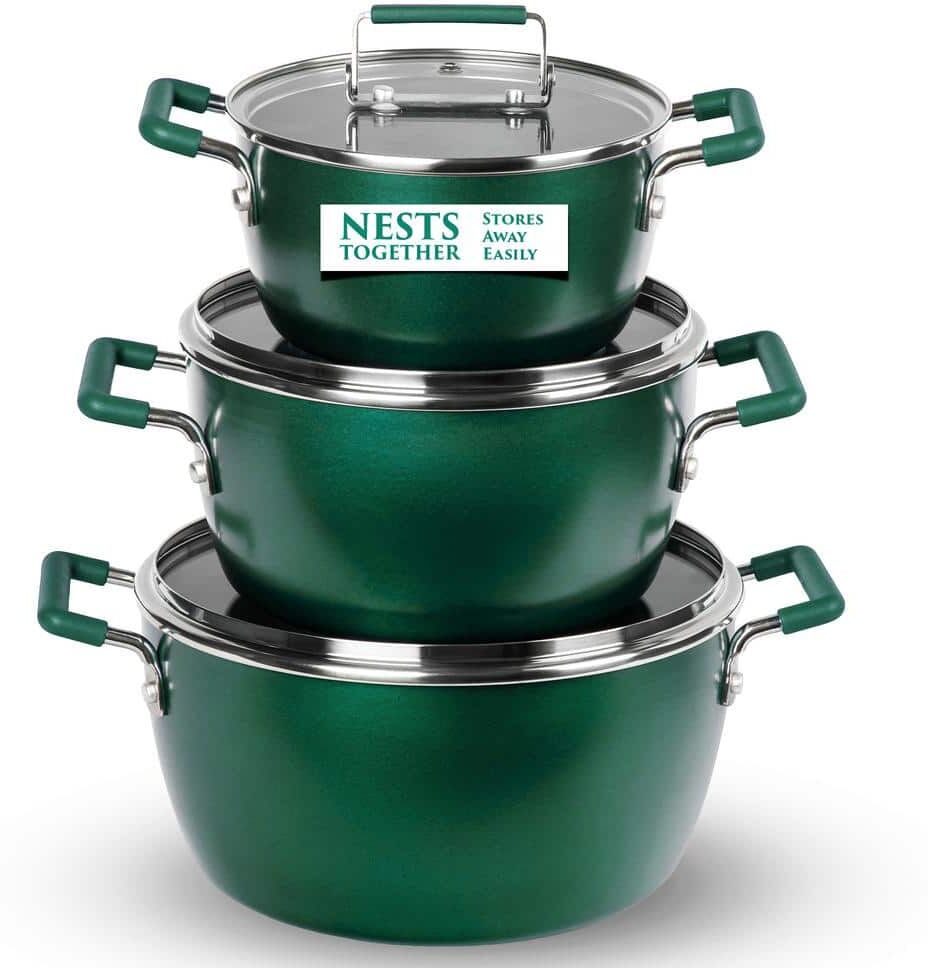 GRANITESTONE Emerald Green 6-Piece Aluminum Ultra-Durable Nonstick Diamond and Mineral Infused Coating Nesting Pots Set