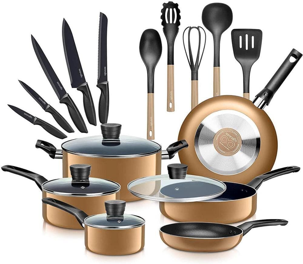 SereneLife 20-Piece Aluminum Nonstick Cookware Set in Gold