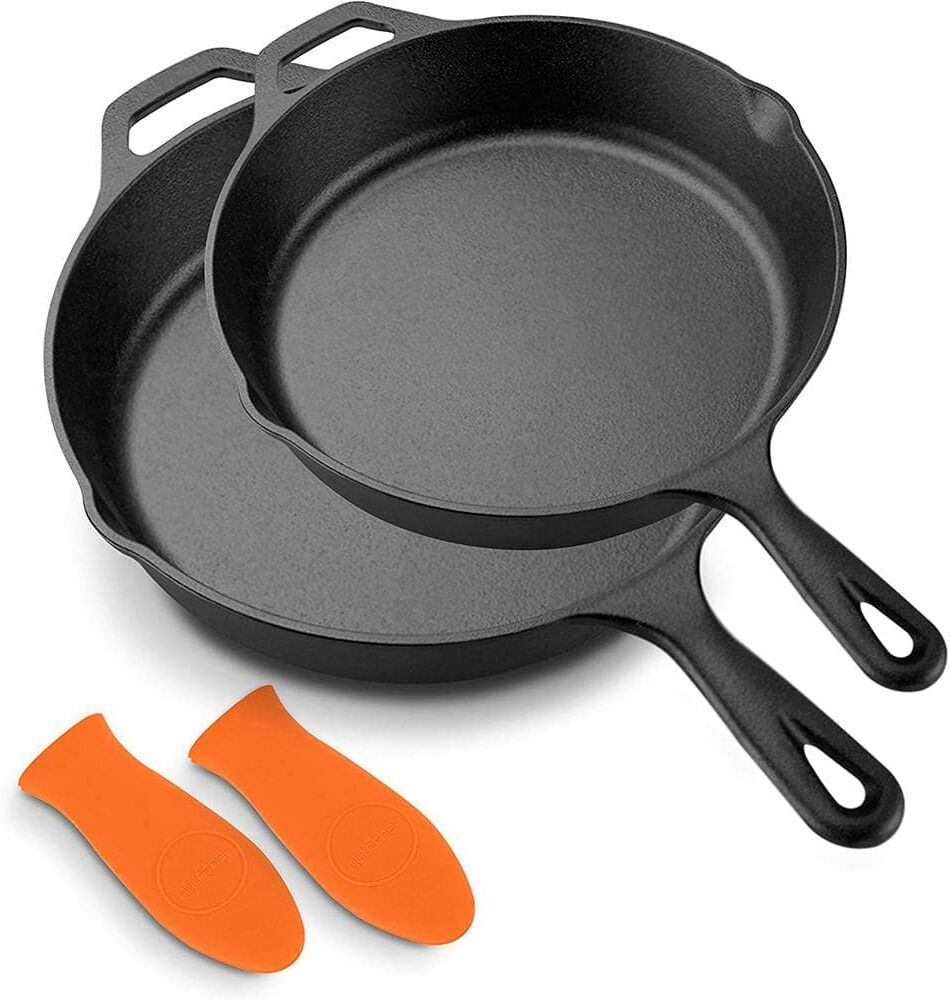 NutriChef Large 10 in. and 12 in. Pre-Seasoned Black Cast Iron Skillet Non-Stick Cooking Pan with Silicone Handle (2-Piece Set)