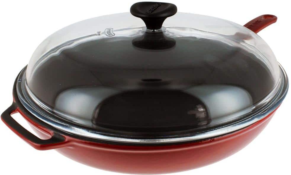 Chasseur French Enameled 11 in. Cast Iron Frying Pan in Red with Glass Lid and Helper Handle