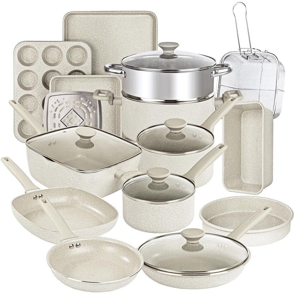 GRANITESTONE Desert Collection 20-Piece Aluminum Diamond Coated Nonstick Cookware Set in Speckled Beige