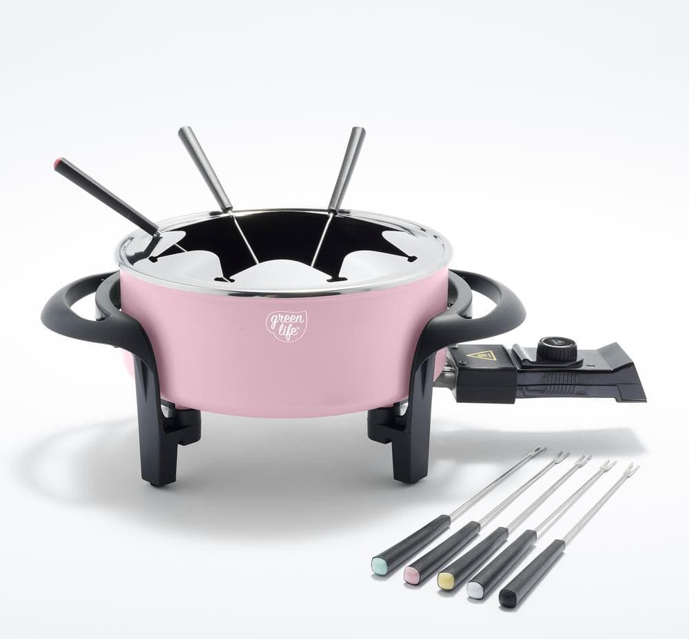 GreenLife 3 qt. Pink Ceramic Non-Stick Multi-Use Fondue Pot Set with 8-Fondue Forks