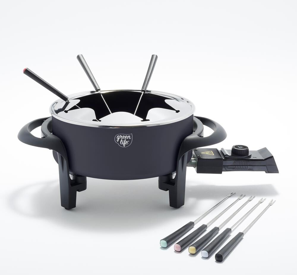 GreenLife 3 qt. Black Ceramic Non-Stick Multi-Use Fondue Pot Set with 8-Fondue Forks