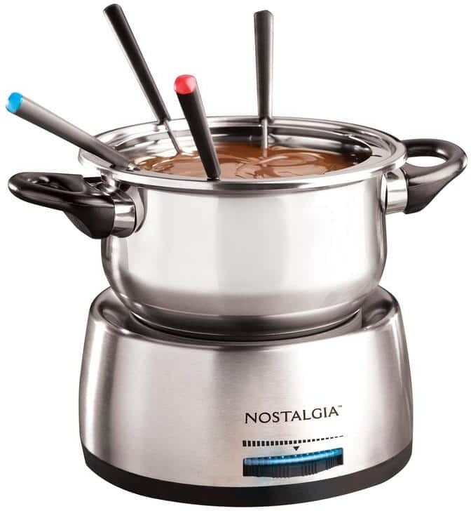 Nostalgia Electric Stainless Steel Fondue Pot, 6-Cup, with Temperature Control, 6 Forks, and Removable Pot