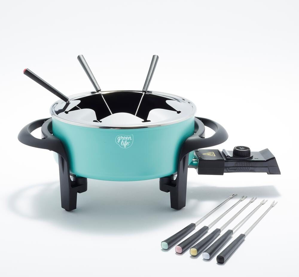 GreenLife 3 qt. Turquoise Ceramic Non-Stick Multi-Use Fondue Pot Set with 8-Fondue Forks