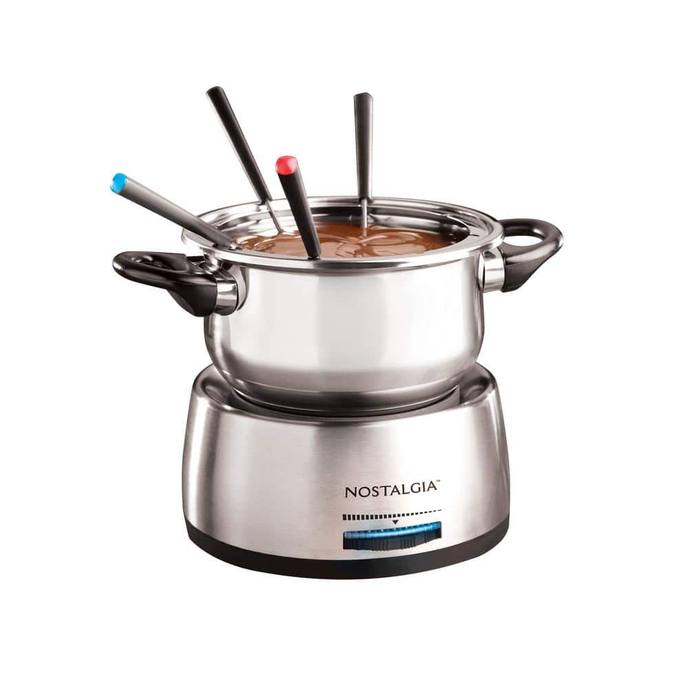 Nostalgia Electric Stainless Steel Fondue Pot, 6-Cup, with Temperature Control, 6 Forks, and Removable Pot