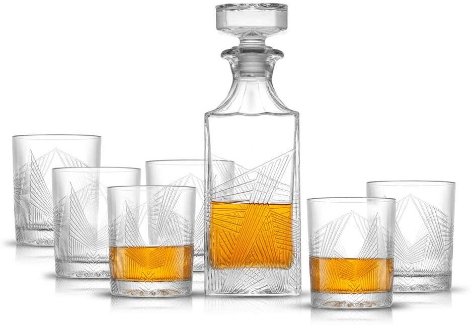 JoyJolt Gatsby Art Deco 7-Piece Glass Whiskey Decanter 27 oz. with stopper and Double Old Fashion 10 oz. Glasses Set