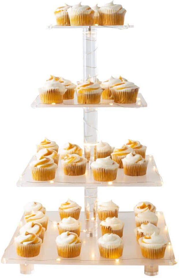 4-Tier Clear Acrylic Square Cupcake Display and Cake Stand with Yellow LED Lights