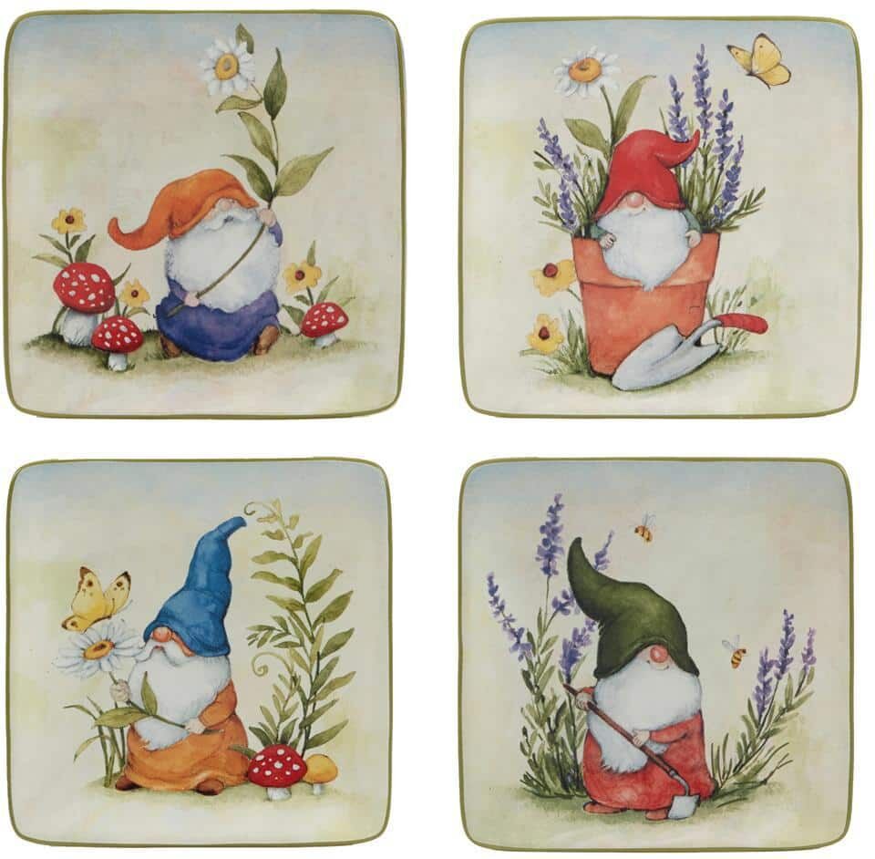 Certified International Garden Gnomes Multicolored Earthenware Canape Plate (Set of 4)