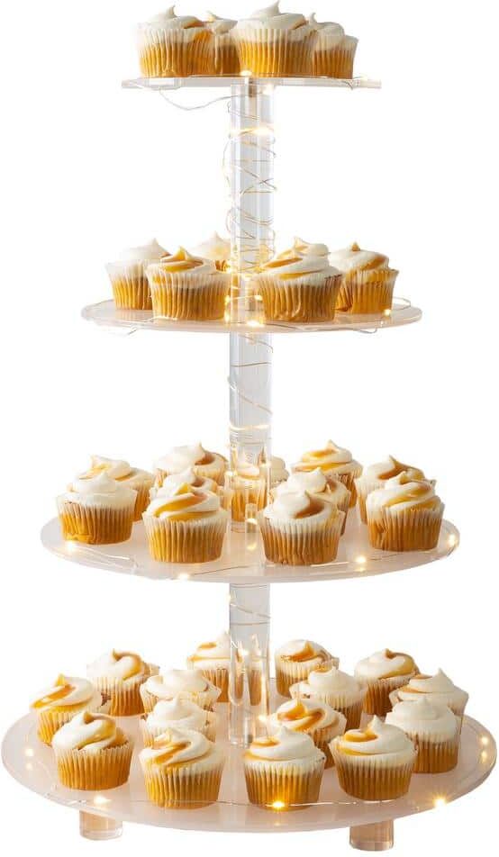 4-Tier Clear Acrylic Round Cupcake Display and Cake Stand with Yellow LED Lights