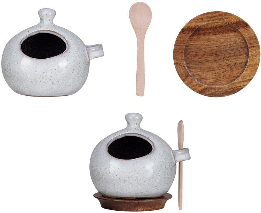 Storied Home Reactive Glaze Cream Stoneware Salt and Pepper Mills with Wood Spoon and Coaster