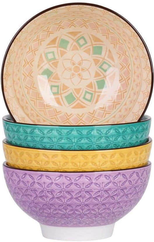 vancasso Tulip 20 fl.oz Assorted Colors Porcelain Cereal Bowl Patterned Japanese Style Rice Bowl Ramen Bowl (Set of 4)