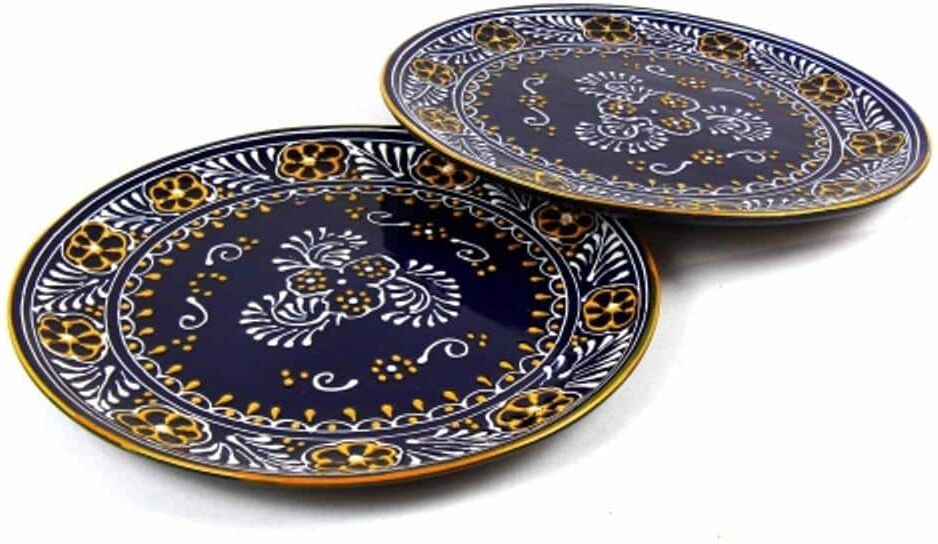 Global Crafts Mexican Blue Pottery Set of Large Dinner Plates