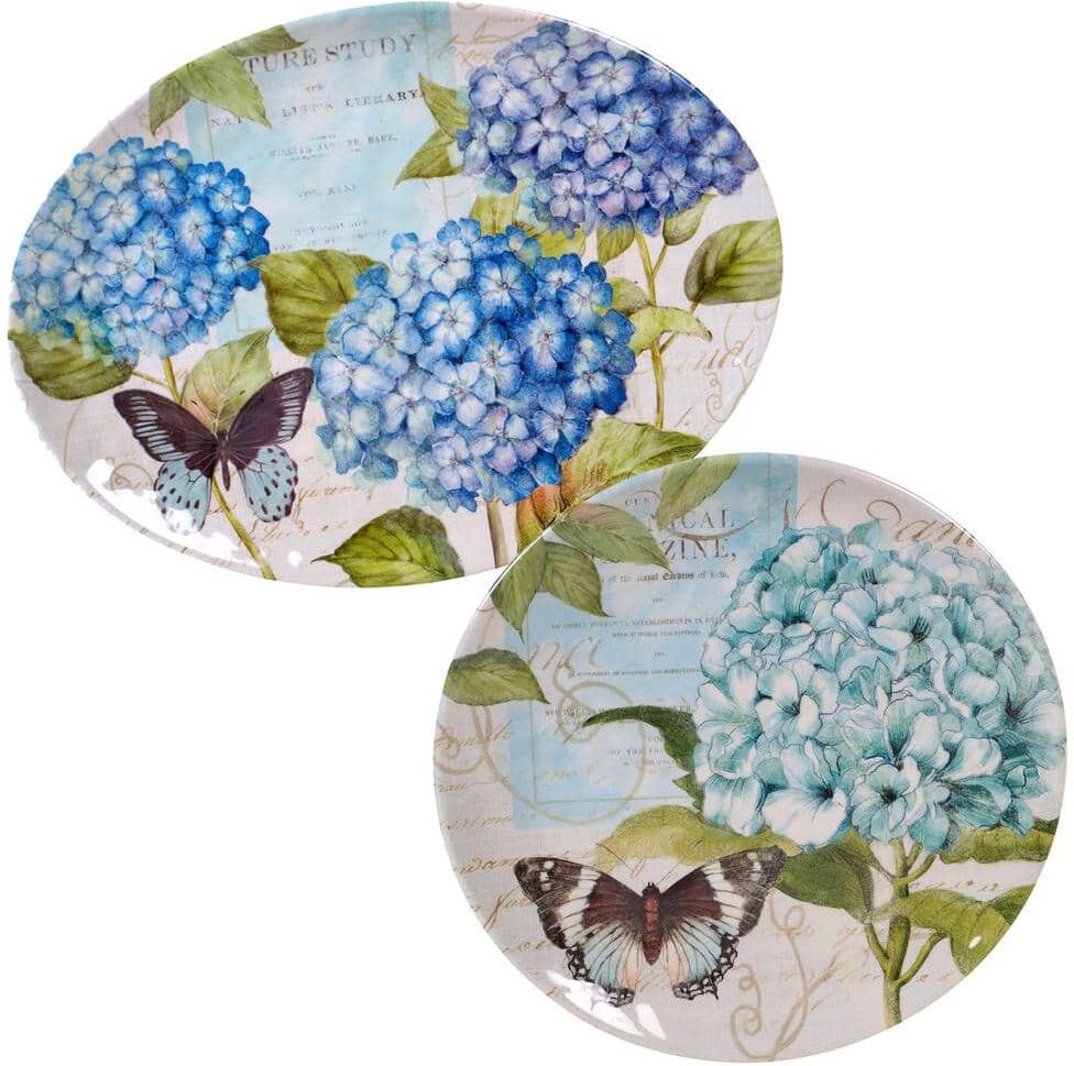 Certified International Hydrangea Garden 2-Piece Traditional Multi-colored Melamine Outdoor 14 and 18 in. Platter Set