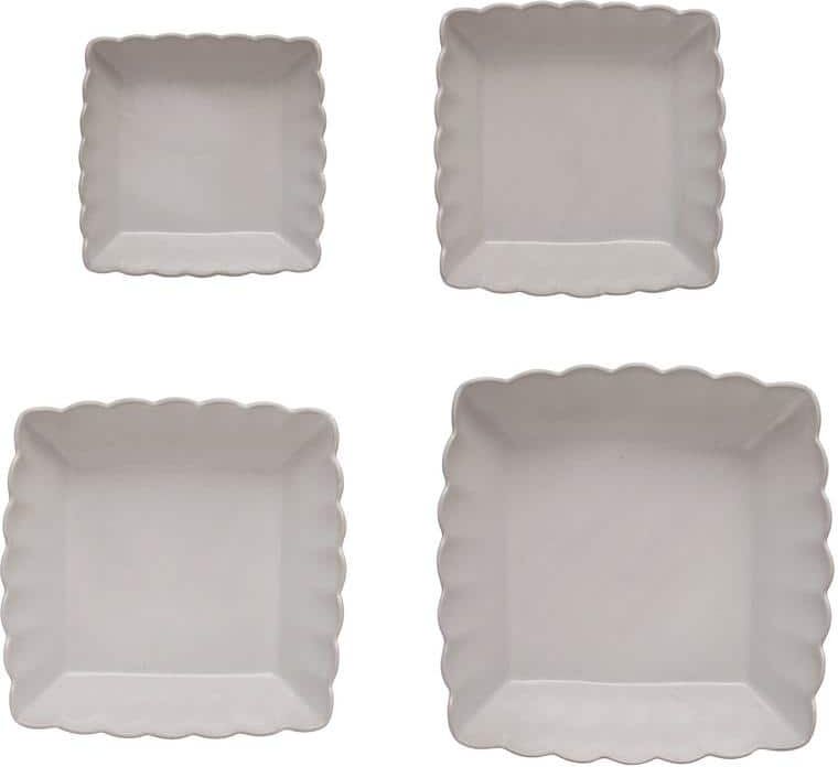 Storied Home 10.37 in. 65 fl. oz Matte White Square Stoneware Serving Bowls with Scalloped Edge (Set of 4)