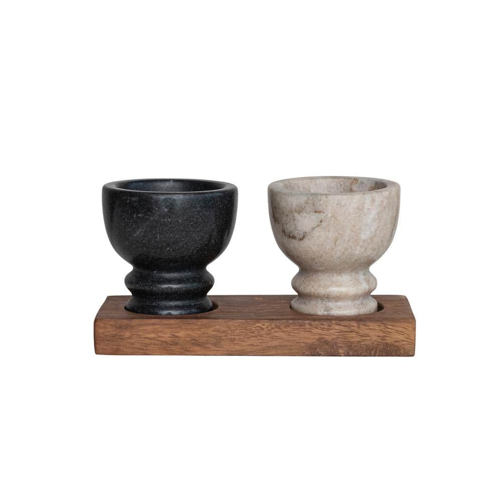 Storied Home 7 in. 0.002 fl. oz. Multi-Colored Marble Serving Bowls with Wood Tray (Set of 3)