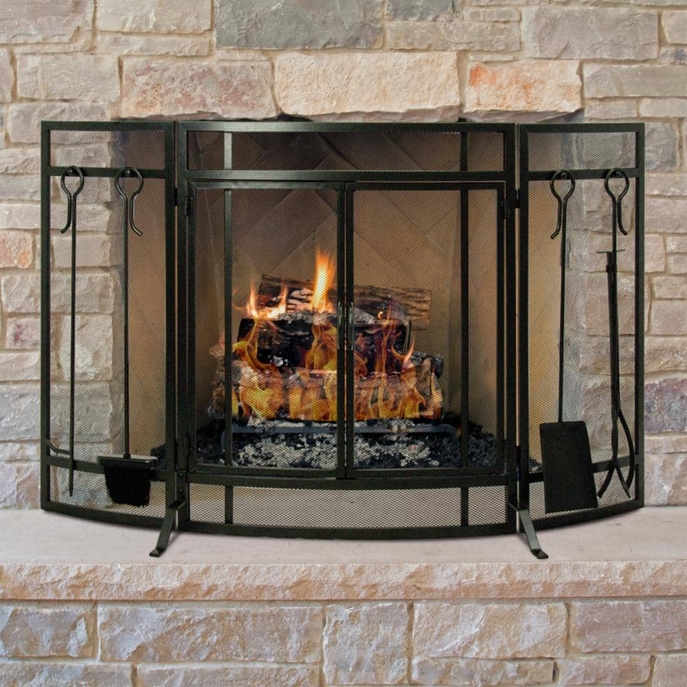 Pleasant Hearth Curved 3-Panel Screen with Tools in Vintage Iron