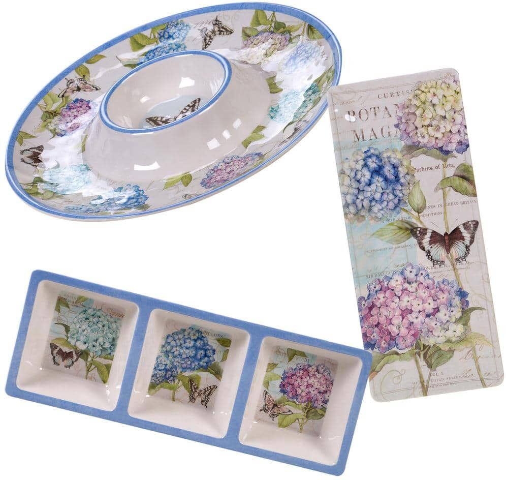 Certified International Hydrangea Garden 3-Piece Traditional Multi-colored Melamine Outdoor Hostess Set