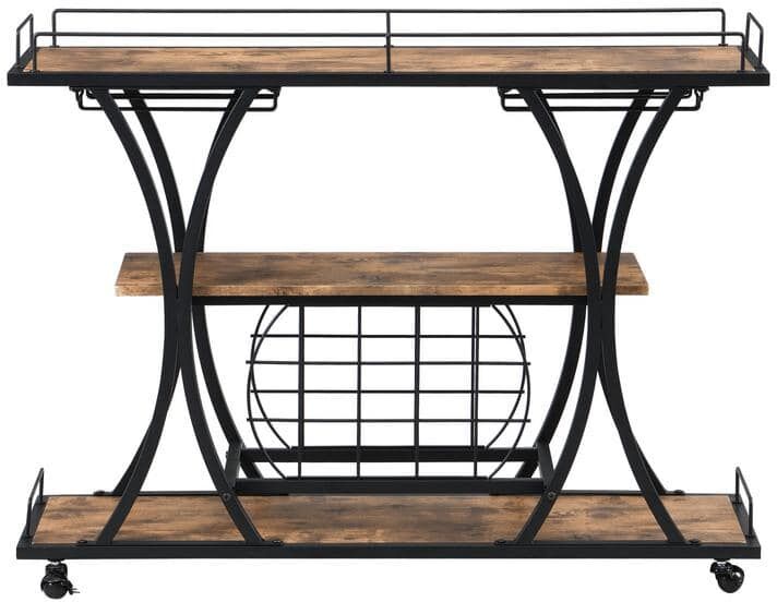 Industrial 11-Bottle Black Metal Kitchen Serving Cart for Home with Wine Rack and Glass Holder Countertop