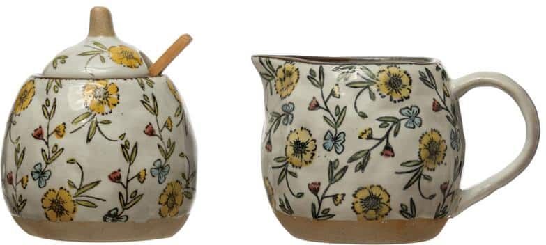 Storied Home 10 fl. Oz. Multi-Colored Hand-Painted Stoneware Sugar Pot and 12 Oz. Creamer with Spoon and Lid