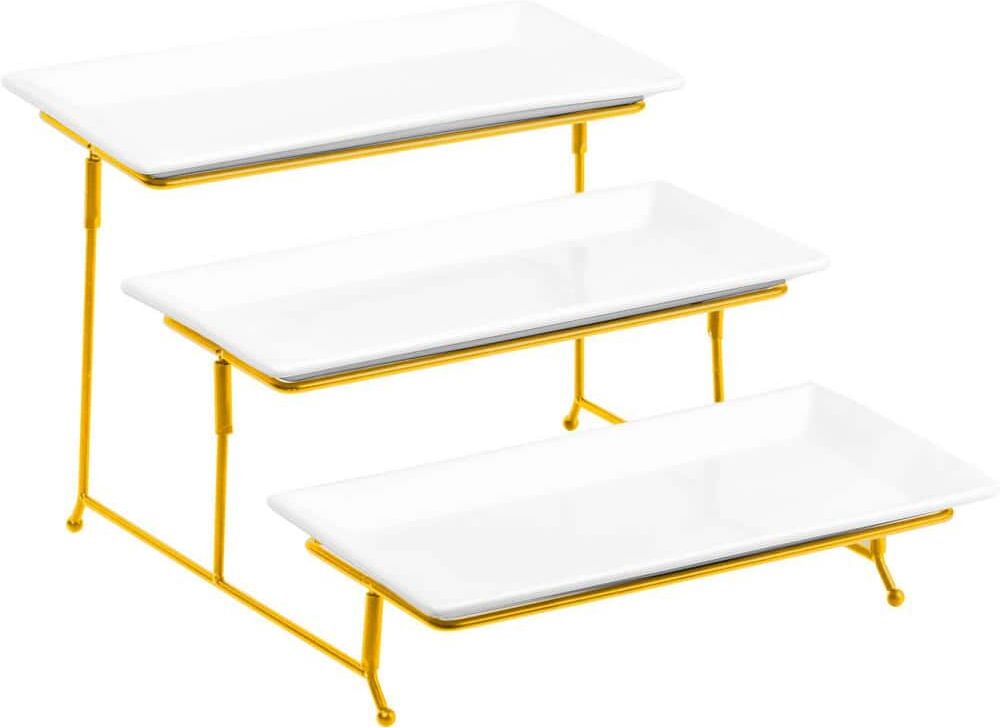 LEXI HOME 3-Tier Classic Rectangular Serving Platter with Gold Stand 3-Tiered Cupcake Tray Stand