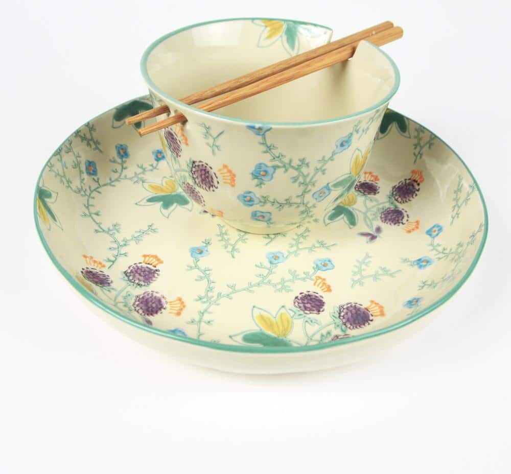 Euro Ceramica Ella Multicolored Aqua Rim Stoneware 22 fl. oz. Ramen and 28 fl. oz. Dinner Bowl with Chopsticks (Set for 1)