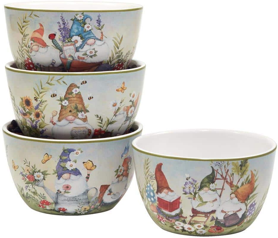 Certified International Garden Gnomes 23 fl.oz Assorted Colors Earthenware Dessert Bowl Set of 4