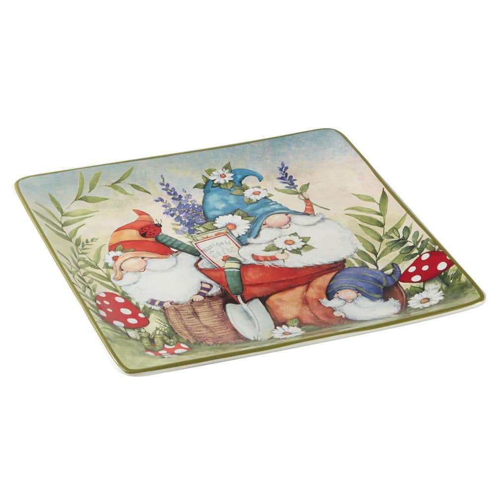 Certified International Garden Gnomes 12.5 in. Assorted Colors Earthenware Square Platter