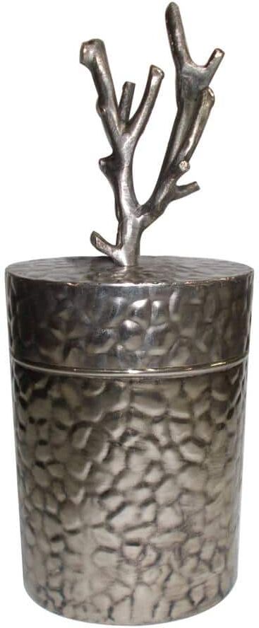 A & B Home Antique Silver Lidded Jar with Branch Finial