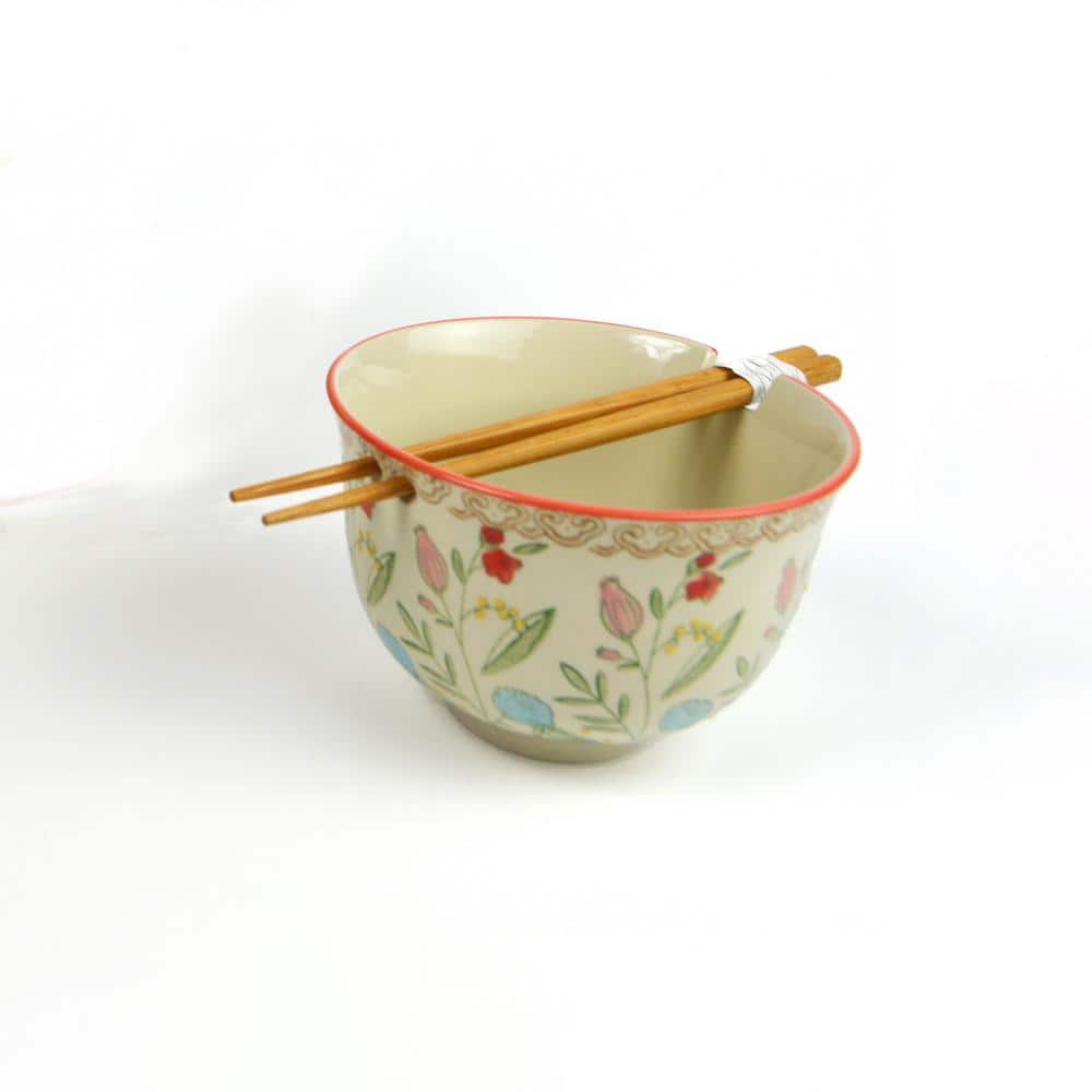 Euro Ceramica Ella 22 fl. oz. Red Multi-Colored Stoneware Ramen Bowls Set with Chopsticks (Set of 2)