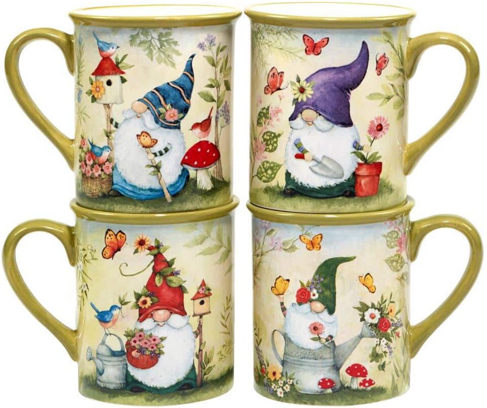 Certified International Garden Gnomes 18 oz. Assorted Colors Earthenware Mug (Set of 4)