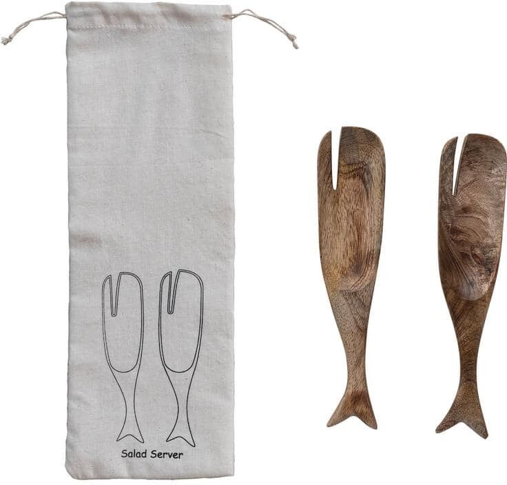 Storied Home 2-Piece Natural Mango Wood Whale Design Salad Servers with Drawstring Bag