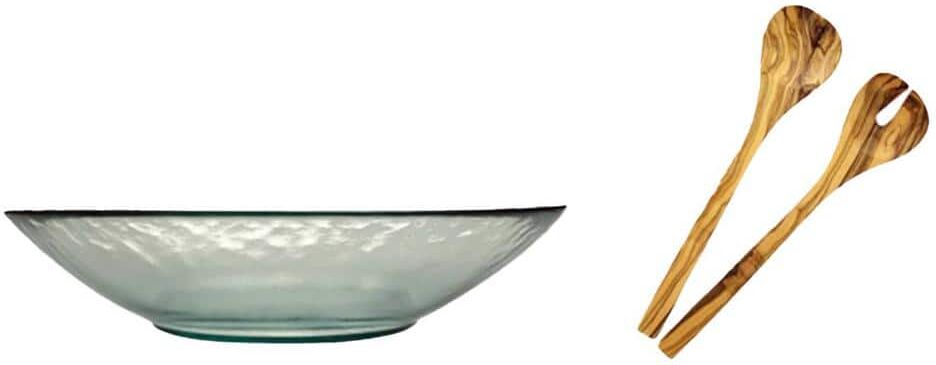 French Home Vintage Recycled Glass 12 in. 50 fl. oz. Clear Glass Multi-Purpose Serving Bowl and Olive Wood Servers