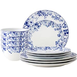 Noritake Bloomington Road (White and Blue) Porcelain 12-Piece Dinnerware Set, Service for 4