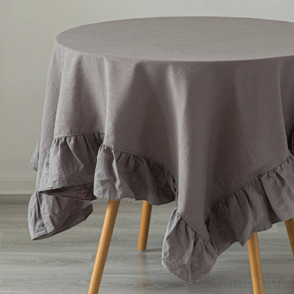 DEERLUX 70 in. x 70 in. Square Gray 100% Pure Linen Washable Tablecloth with Ruffle Trim