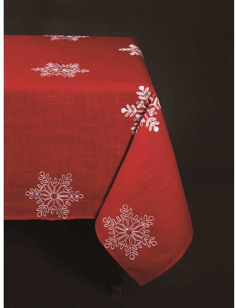 Xia Home Fashions 70 in. x 144 in. Snowy Noel Embroidered Snowflake Christmas Tablecloth in Red and White