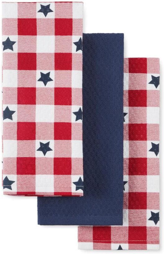 MARTHA STEWART 16 in. x 28 in. Red and White Modern Stars Gingham Cotton Kitchen Towel Set (Set of 3)