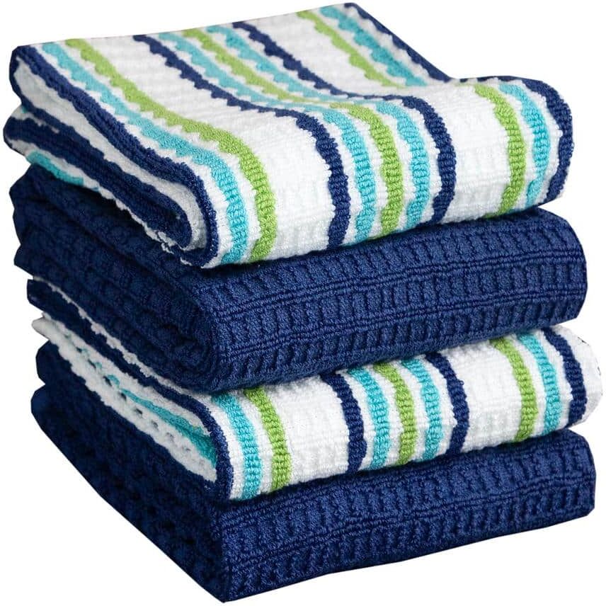 RITZ T-fal Blue Solid and Stripe Cotton Waffle Terry Kitchen Towel (Set of 4)