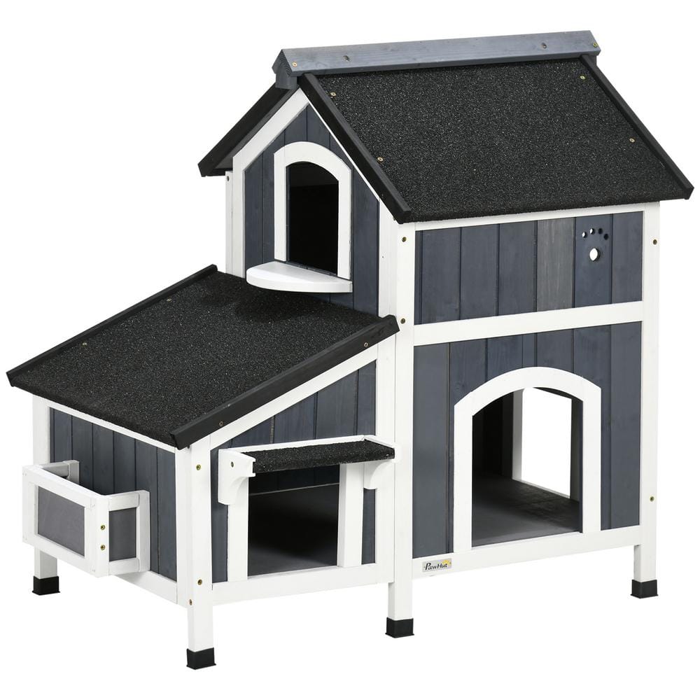 PawHut Outdoor Cat House with Weather-resistant Roof & Garden Bed, Outdoor Cat Shelter Enclosure with Multiple Entrances, Gray