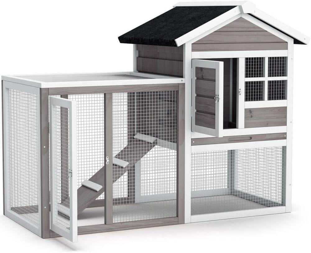 WELLFOR 2-Story Wooden Rabbit Hutch Bunny Cage Small Animal House Shelter House in Gray with Ramp and Removable Tray