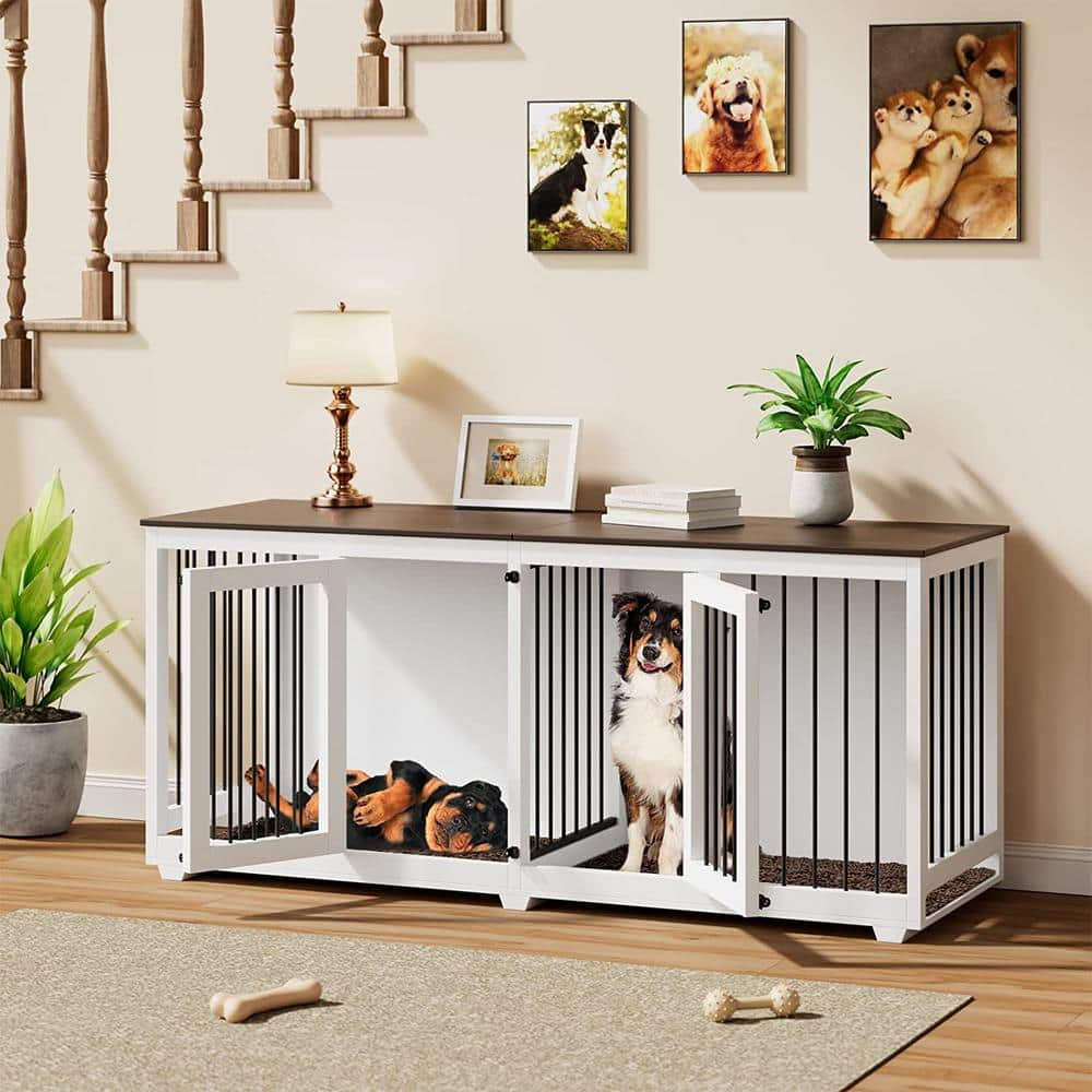 FUFU&GAGA 71 in. Large Dog Crate Furniture for 2 Dogs, XXL Wooden Heavy Duty Dog Crate Kennel with Divider for Large Medium Dogs