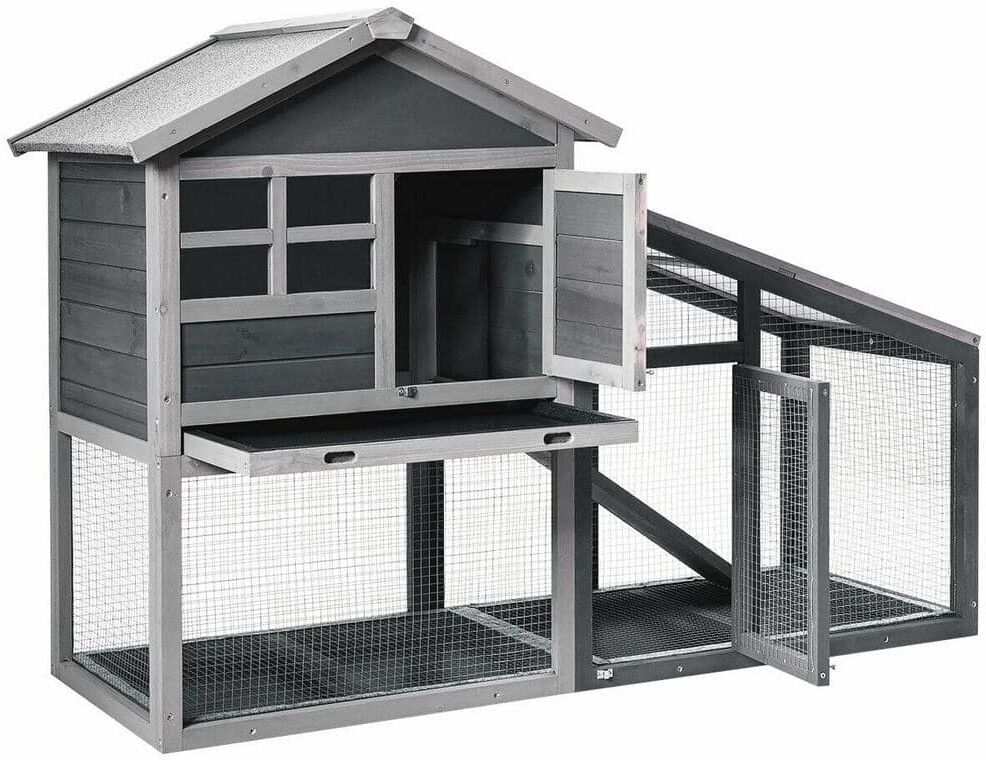 WELLFOR Gray Wooden Rabbit Hutch Bunny Cage Small Animal House Shelter House with Ramp and Removable Tray-Large