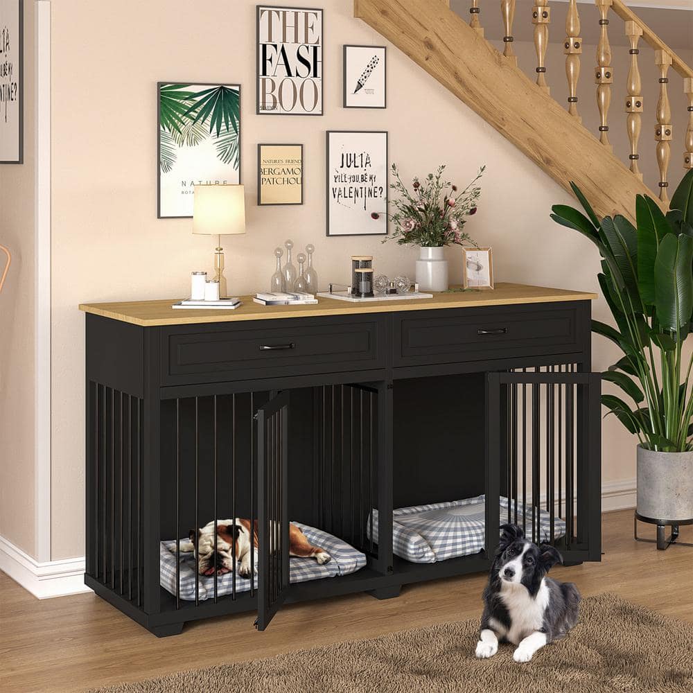 WIAWG Indoor Furniture Style Dog Crate, Large Wooden Dog House with Drawers Divider, Dog Cage for Large Medium Dogs, Black