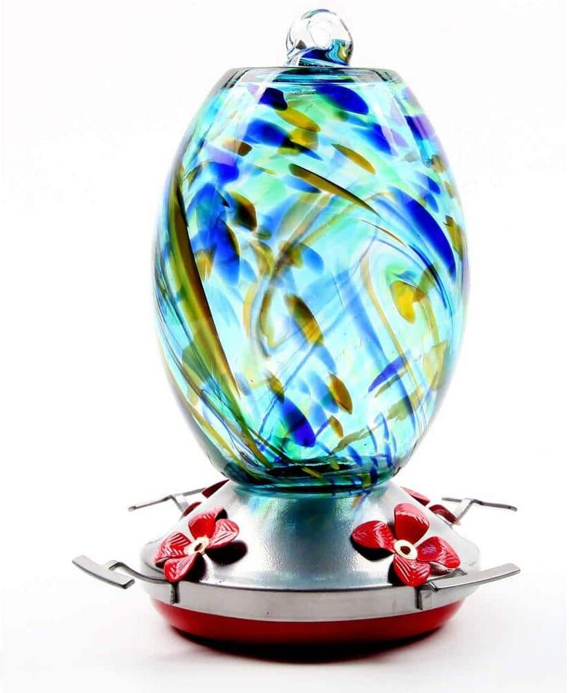 Afoxsos 25 oz. Capacity Hand Blown Glass Garden Hummingbird Bird Feeder with Perch