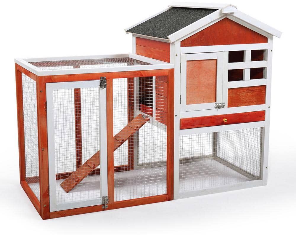 Runesay 2-Story Wooden Rabbit Hutch Bunny Cage; Chicken Coop; Pet House for Small Animals in Orange and White