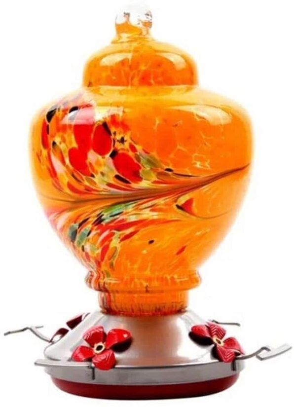 ITOPFOX Outdoor Orange Bird Hummingbird Feeder Painted Glass Flower Hummingbird Water Feeder Food Container for Garden and Patio