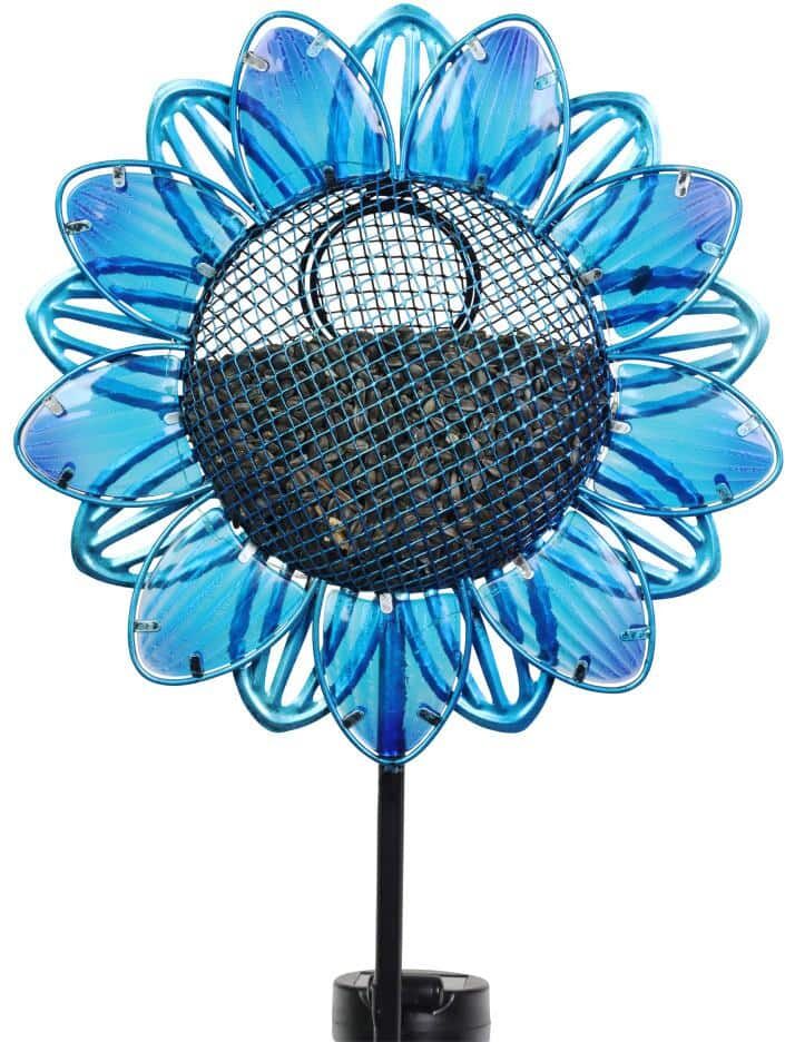 Exhart 3.02 ft. Blue Metal Solar Sunflower Bird Seed Feeder Garden Stake